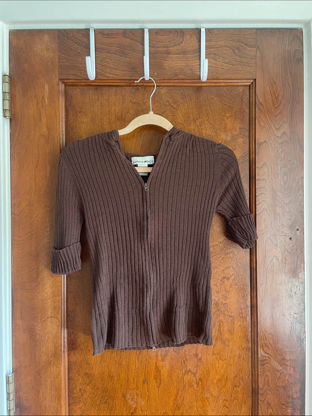 Sweater Project Brown Ribbed Zip Up Short Sleeve Sweater
